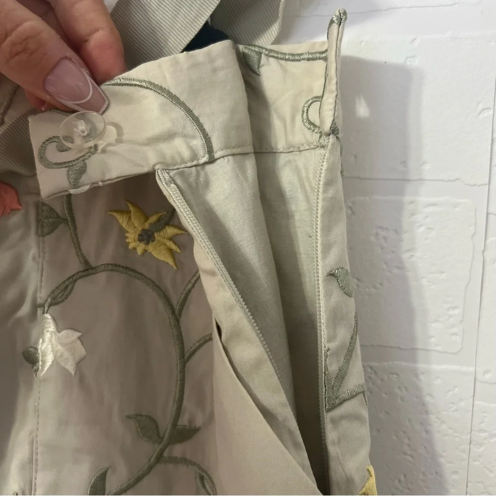 Orvis Tan Floral Embroidered A-Line  Cottagecore Grannycore Midi Skirt Cotton 14